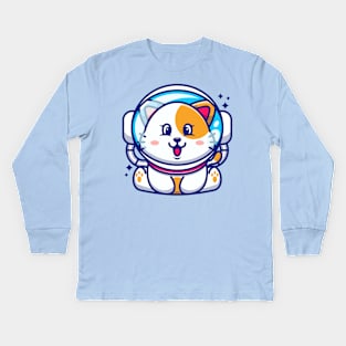 Cute baby cat wearing an astronaut helmet, cartoon character Kids Long Sleeve T-Shirt